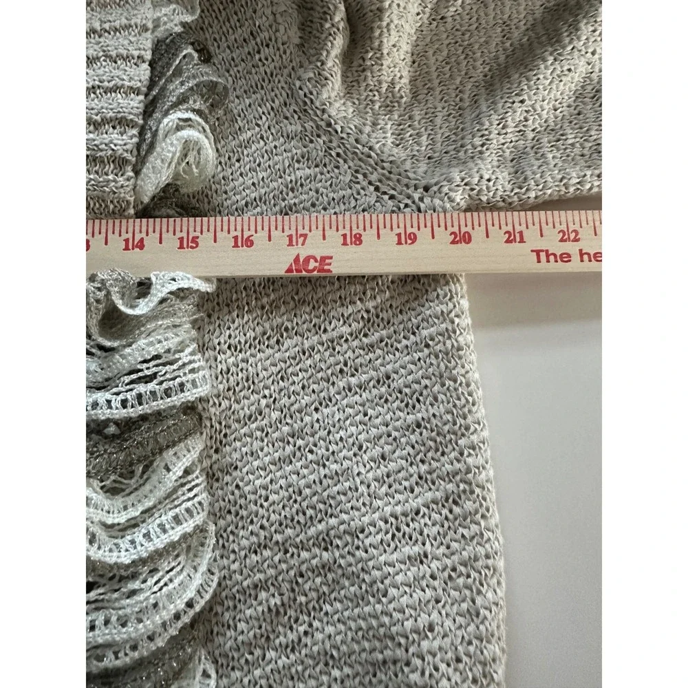 Chicos‎ Open Front Knit Cardigan Sweater Sz 0, Small Ruffle Scarf Neutral Cotton